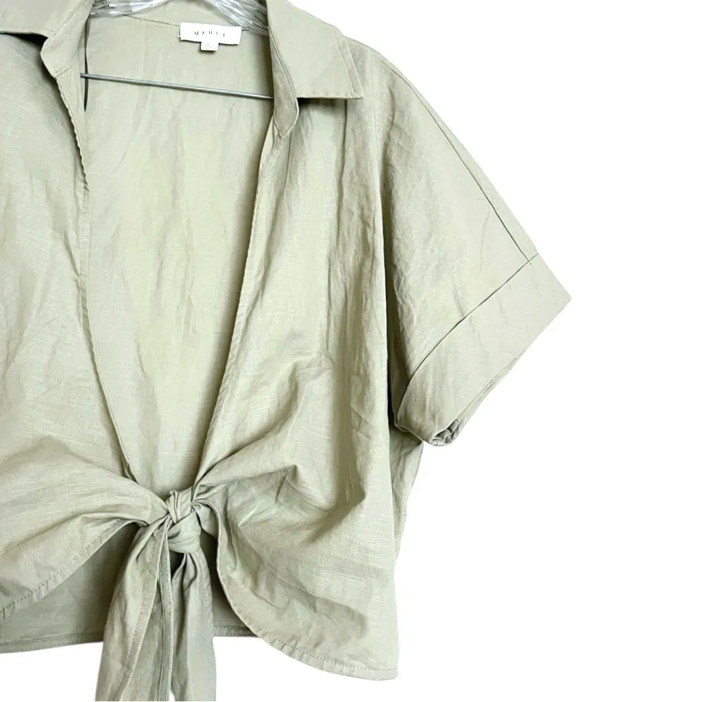 Mable The Label Tie Front Cropped Short Sleeve Collared Top Large Linen Blend Tan - Image 6