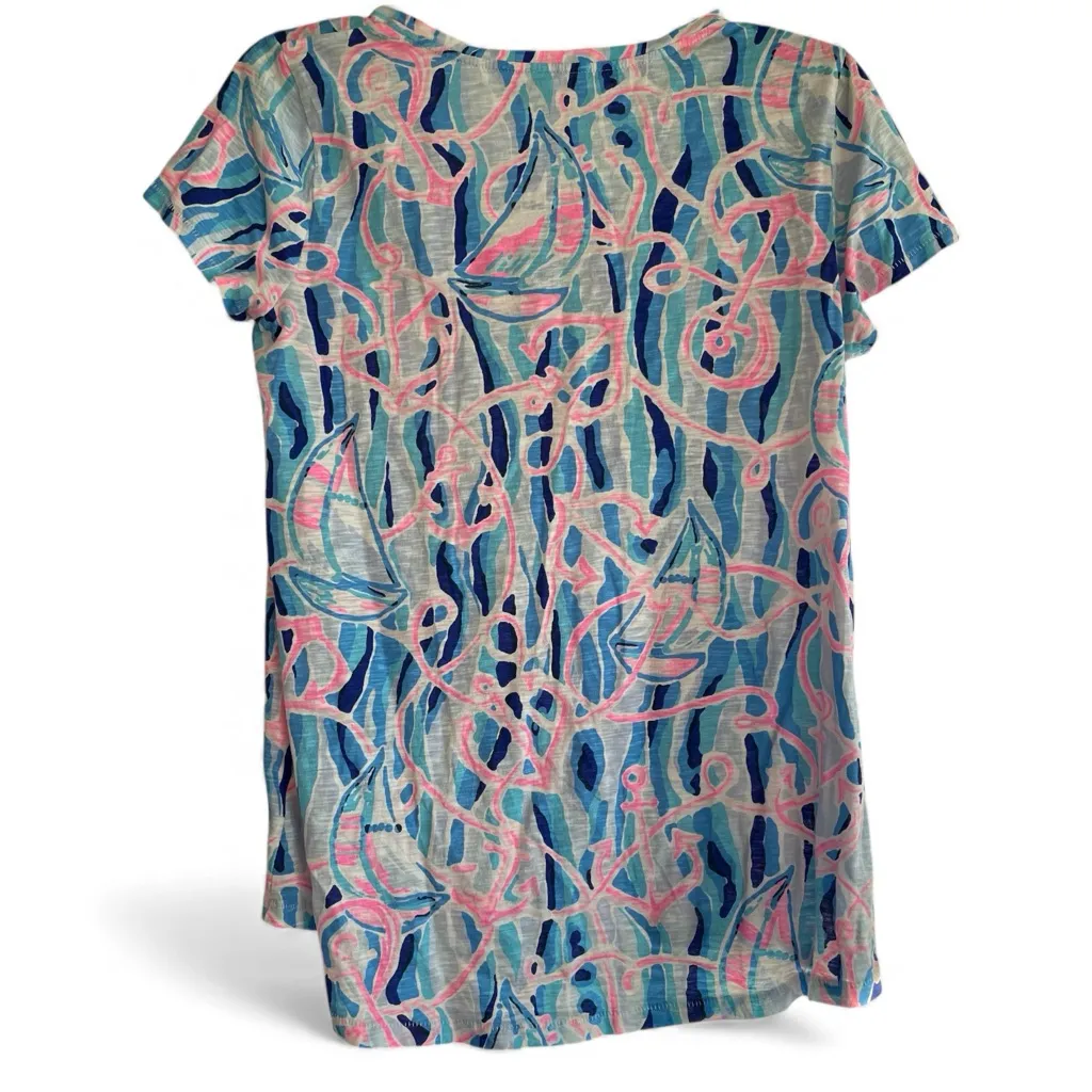Lilly Pulitzer Women Etta V-Neck Top T-Shirt Reel Nautical Small Blue Pink Beach - Image 2