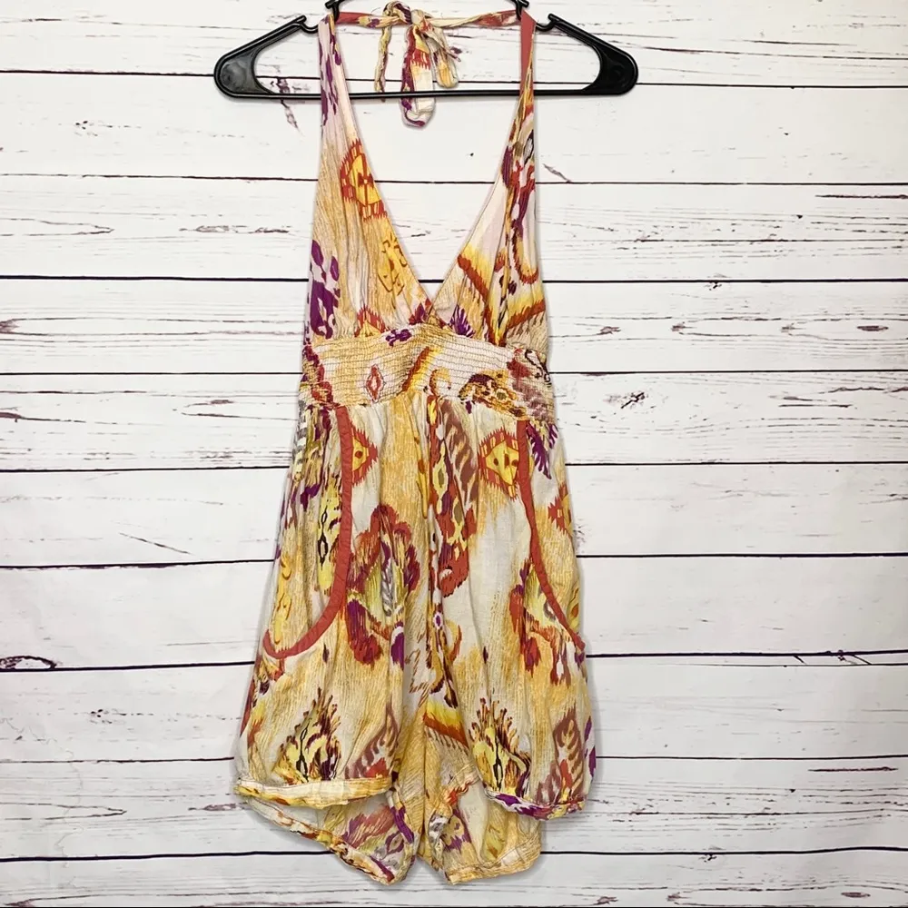 Yellow & Orange Paisley Halter Summer Festival Romper with Pockets Size Medium - Image 3
