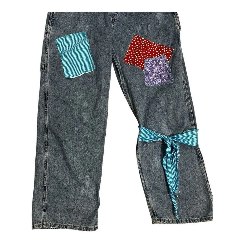 Vintage Lee Dungarees Rivited Denim Blue Bib Overalls Size L Carpenter Patchwork - Image 4