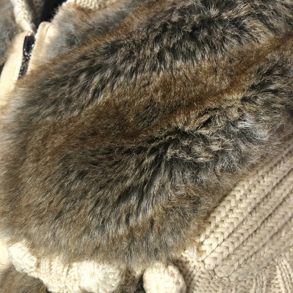 Vintage 90s Y2K Faux Fur vest warm wool brown beige cable knit with hood Sz S Tan - Image 11