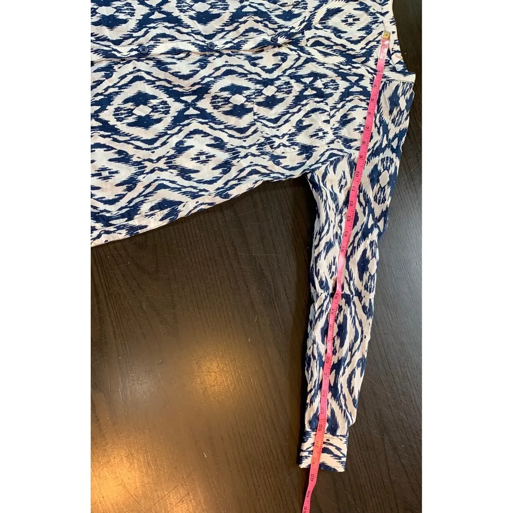 Athleta Ikat Print Tunic Top Women XXS Blue White Cotton Silk Shirt Dress Preppy - Image 11