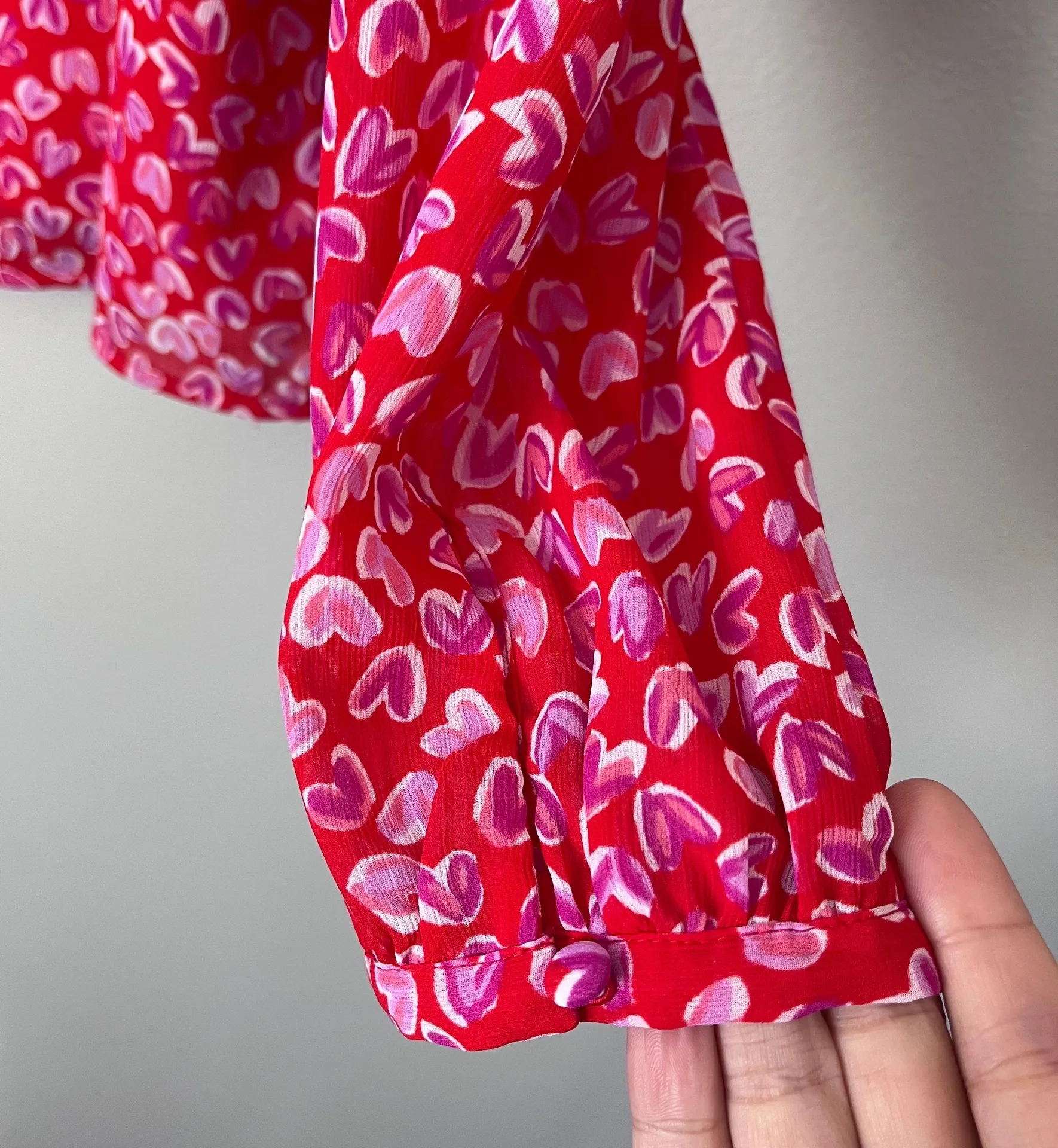 Factory Heart Print Smocked Long Sleeve Blouse Top Red Pink - Image 3