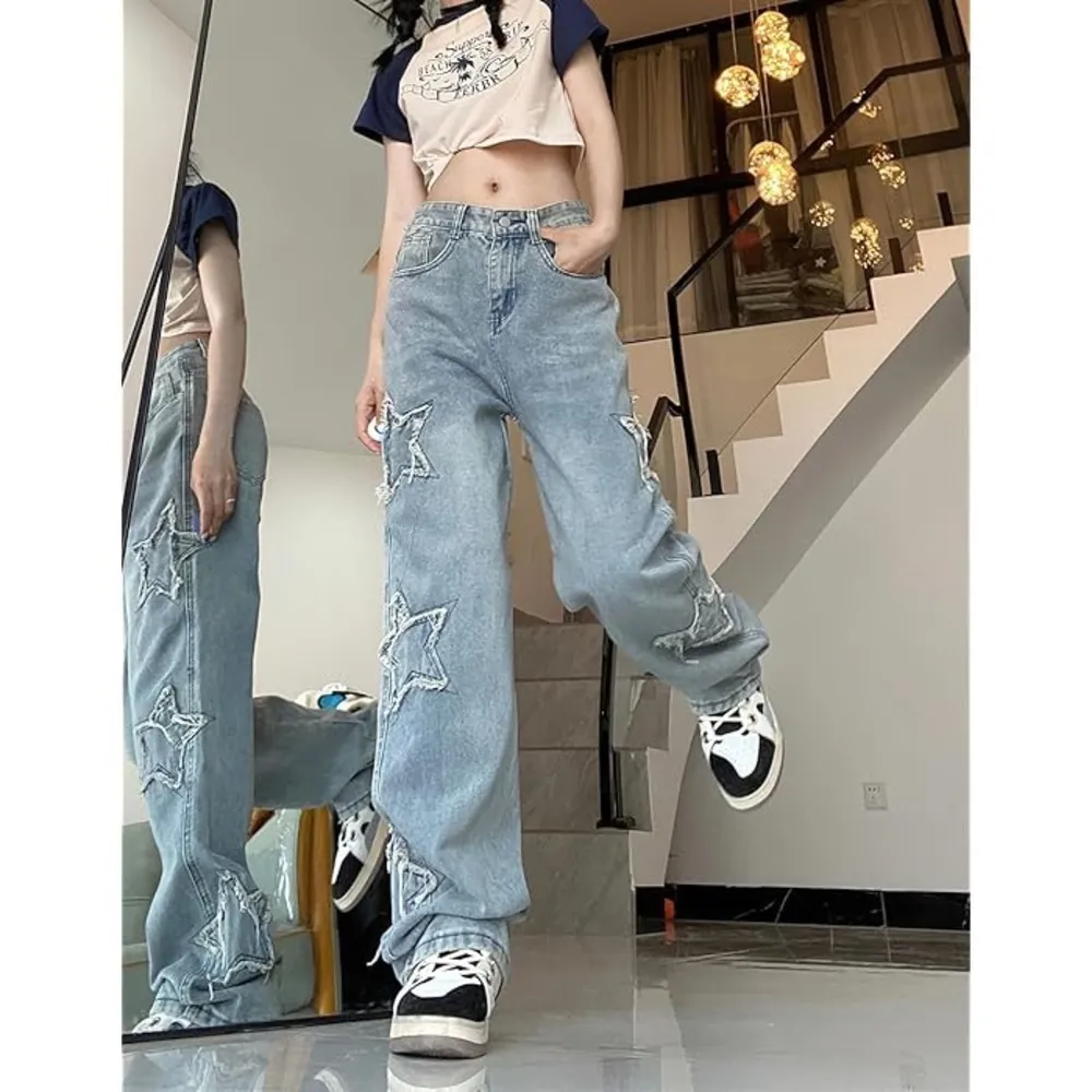 Women Loose Fit Boyfriend Jeans Baggy Y2K Straight Leg Star Patchwork Size Small - Image 2