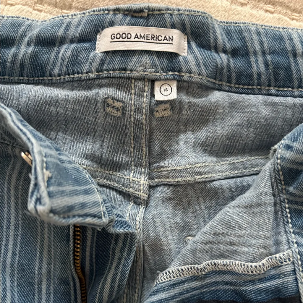 Good American Porkchops Cuttoff Blue Striped Jean Shorts 3” Inseam‎ Women’s 16 - Image 4