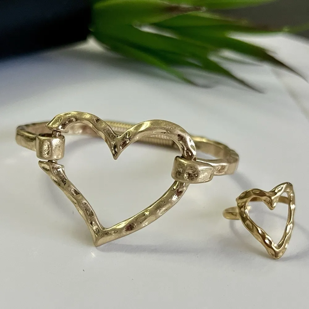 Gold Plated hammered Heart cuff bangle bracelet Stainles Steel Womens jewelry - Image 7
