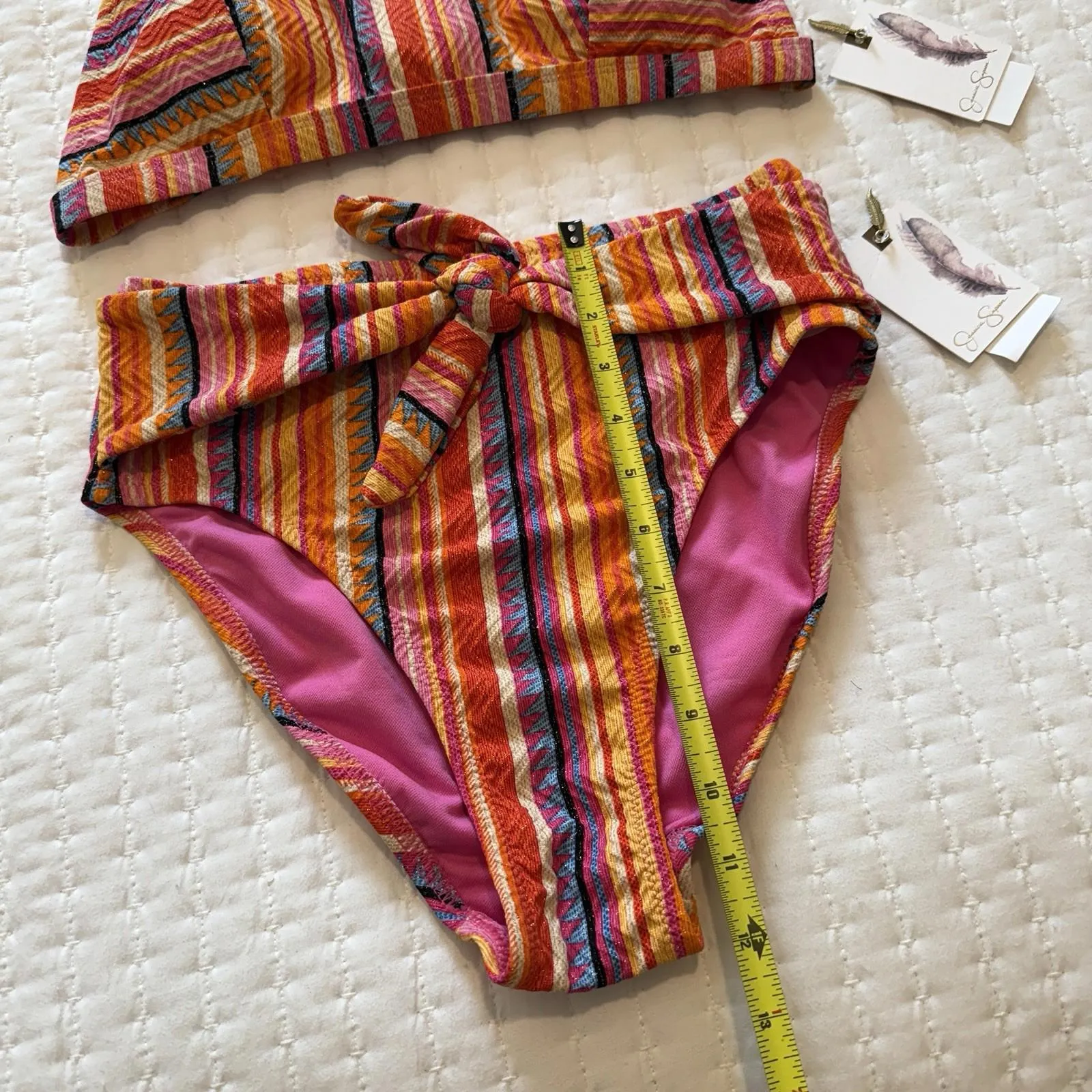 Jessica Simpson Multi Color Femme Stripe Hi Waist Bikini Bottom & Top Set Small - Image 2