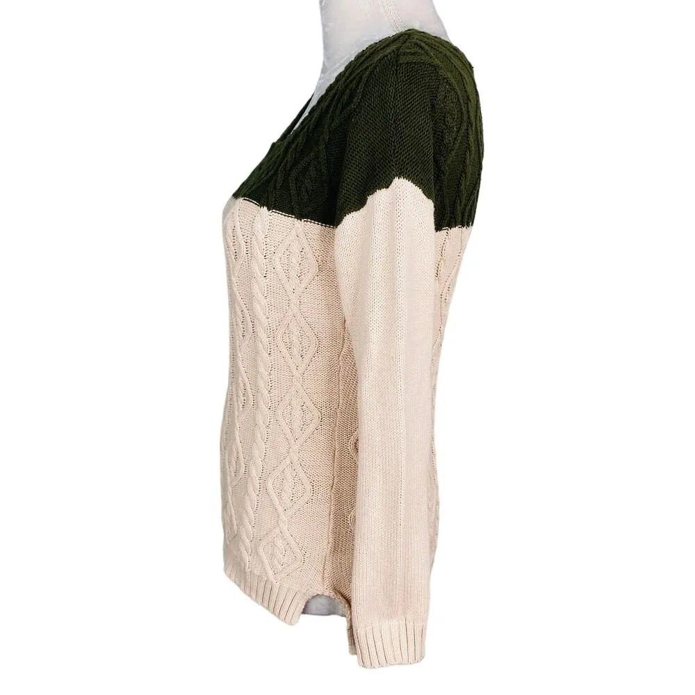 Olive & Oak Sweater S Beige Green Cable Knit Crew - Image 5