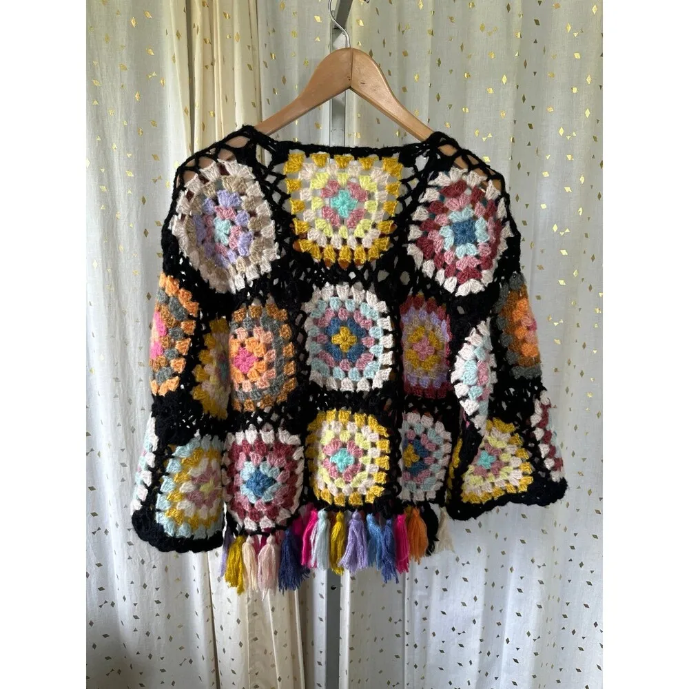 Handmade Hand-Knitted Crochet Granny Square Patchwork Tassel Sweater XS/S - Image 4