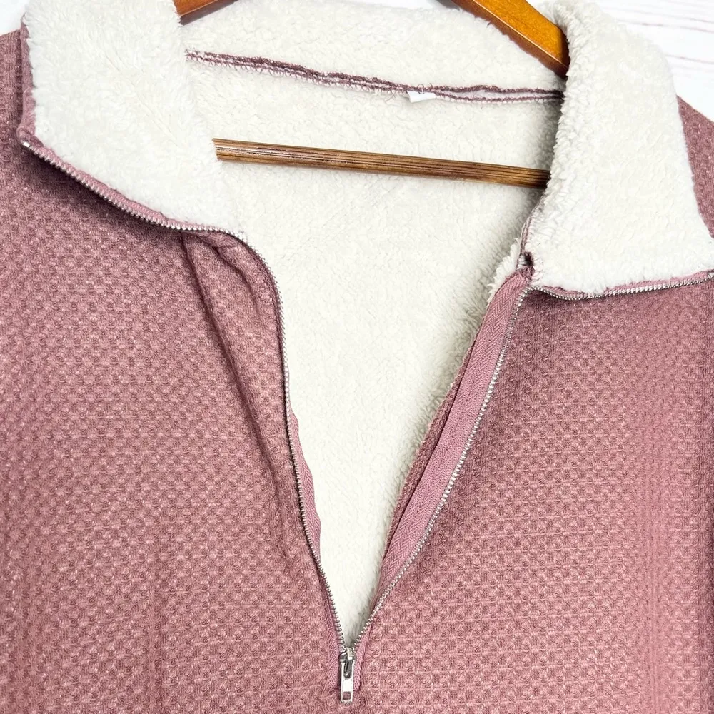 Mauve Dusty Rose Pink Faux Sherpa Collar Knit Pullover Sweater Jacket Size Large - Image 4