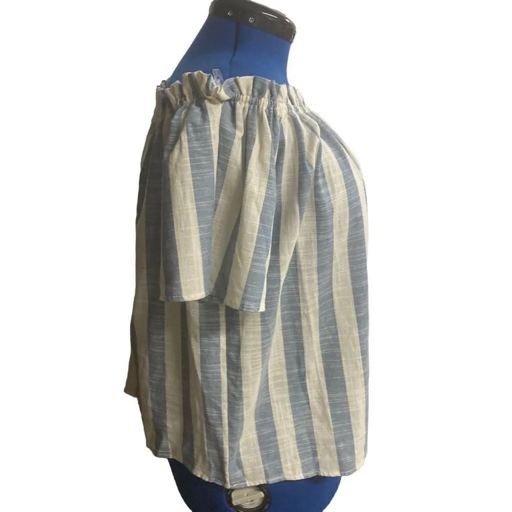 LOVE IN Women’s‎ Off/On Shoulder Top Blue & White Striped Size Small Oversized - Image 2