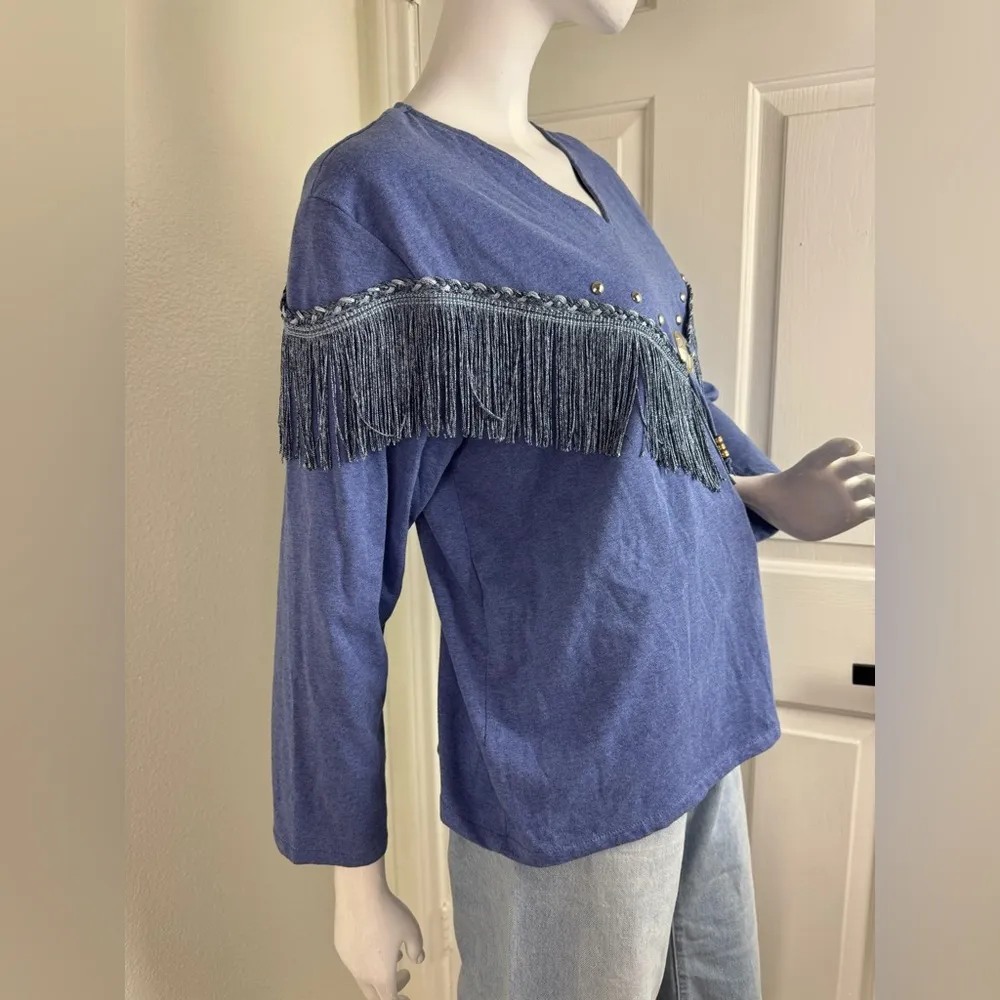 Sas’sa Vintage Fringe Western Shirt Size M Long Sleeve Rodeo Boho #333 Blue Size M - Image 6