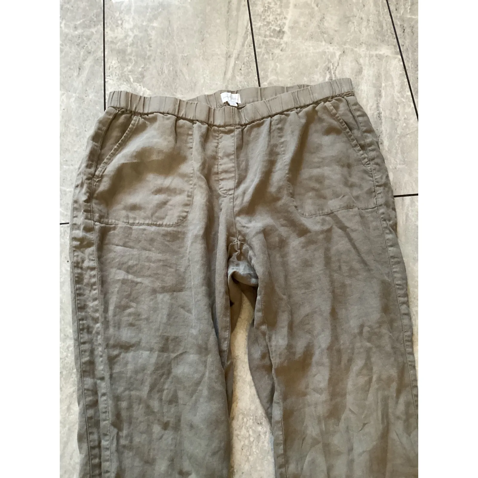 Pure Jill Garment Dyed Linen Cropped Pants Women's XL Beige Elastic Waist Casual Gray - Image 2