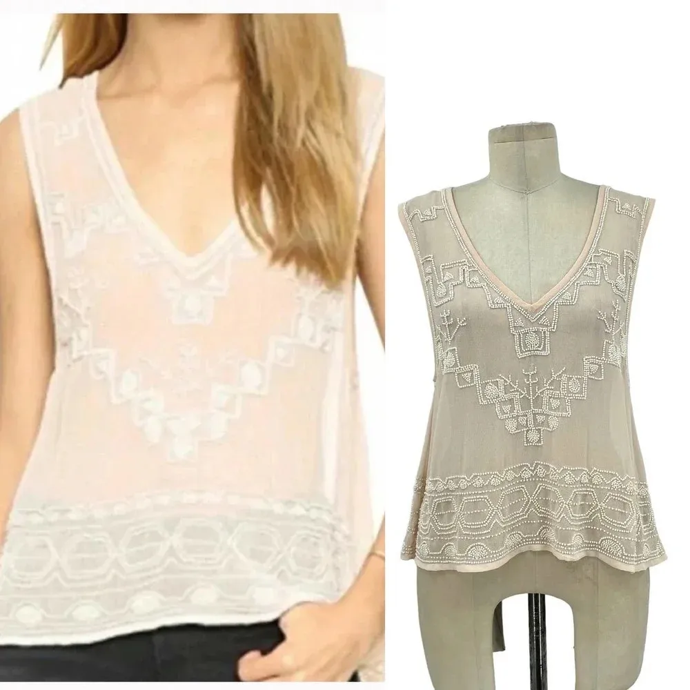 Free‎ People Pale Pink Beaded Sheer Tank Top Size XS - Image 2