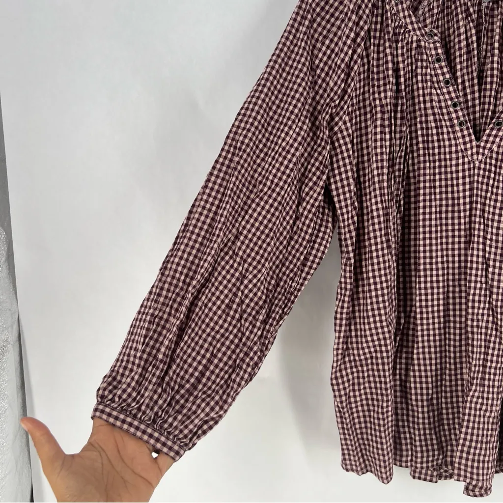Aerie Gingham Checkered Grommet V-Neck Long Puff Sleeve Oversized Blouse Size S - Image 3