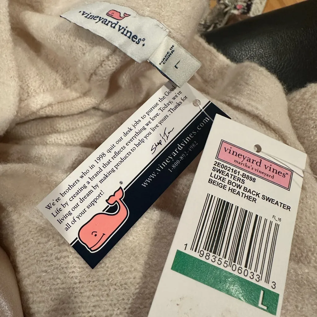 Vineyard Vines Wool Blend Luxe Bow Back Wool Blend Vback Beige Heather Sweater L - Image 7