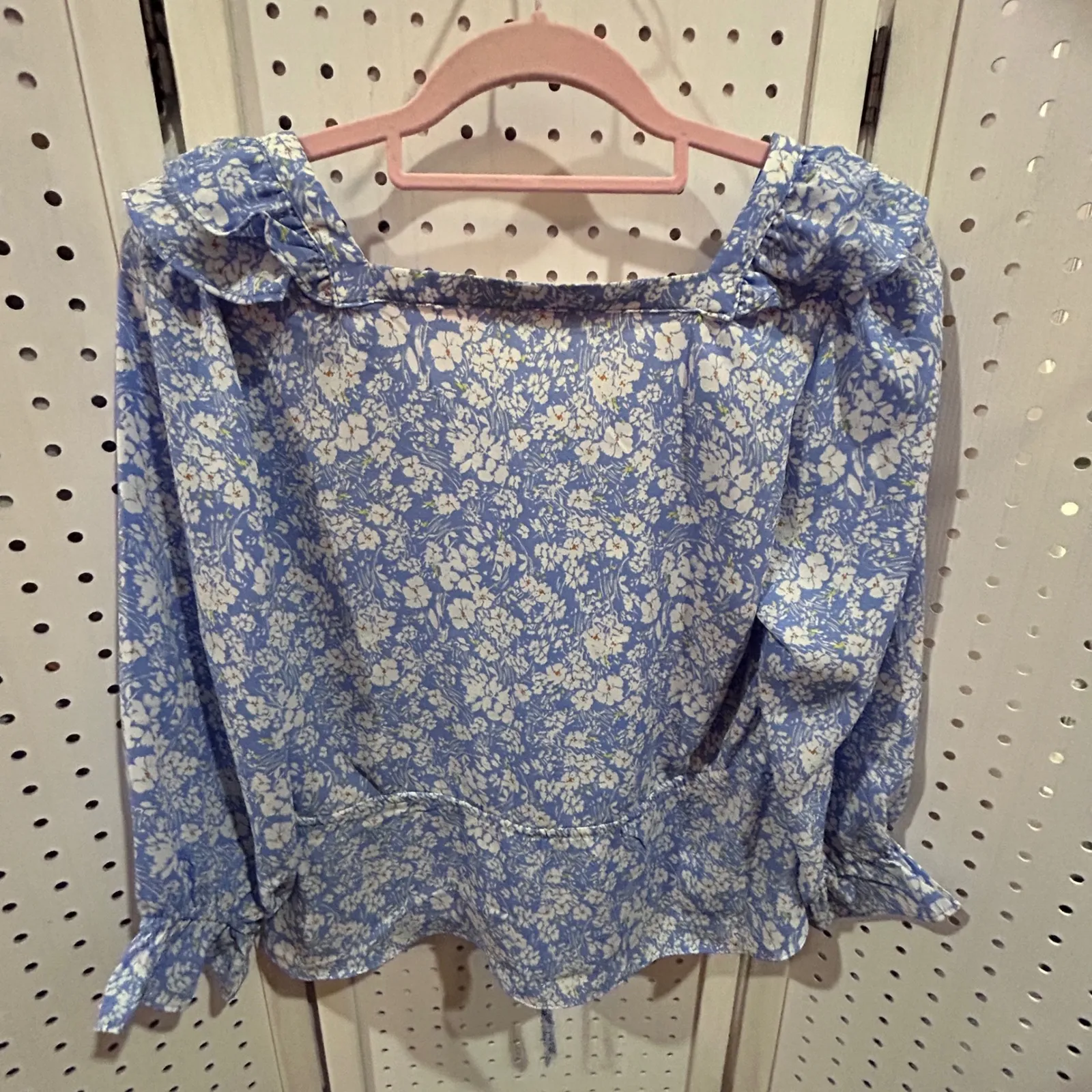 ECLAIR Floral Print Square Neck Ruffle Peplum Blouse XS Blue White - Image 6
