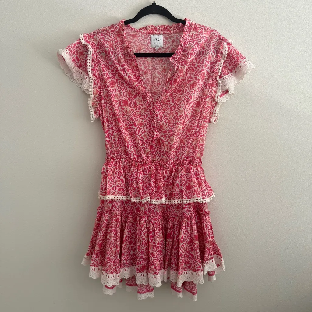 MISA Los Angeles Lilian Floral Pink Ruffle Mini Dress Barbiecore Cottage Large - Image 3
