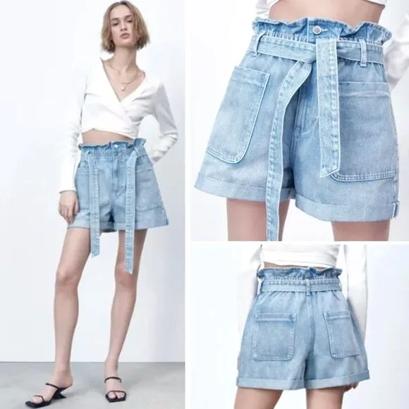 Zara Shorts Womens 6US Blue Relaxed Denim Paperbag Super High Waist Utility 4pkt - Image 2