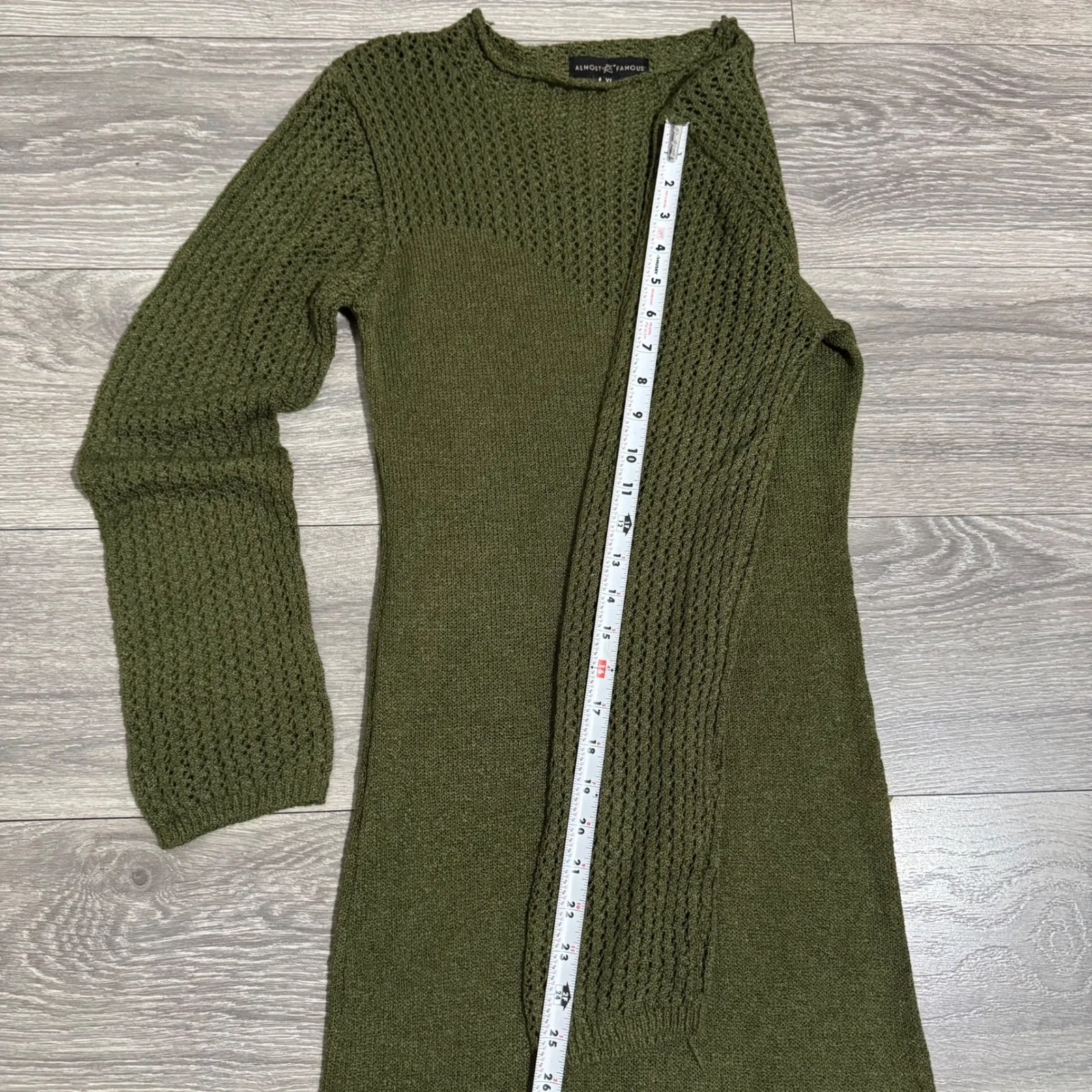 Almost Famous Y2K Olive Green Knit Midi Fairy Mesh Dress Long Sleeve SideSlit XL - Image 11