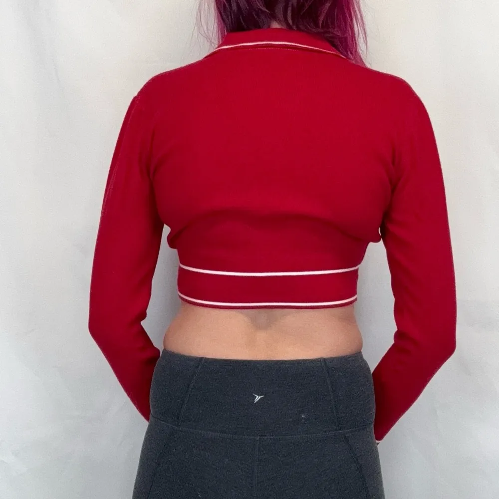 SHEIN Women's Long Sleeve Crop Cardigan Red White Heart Button Collar S SM Small - Image 2