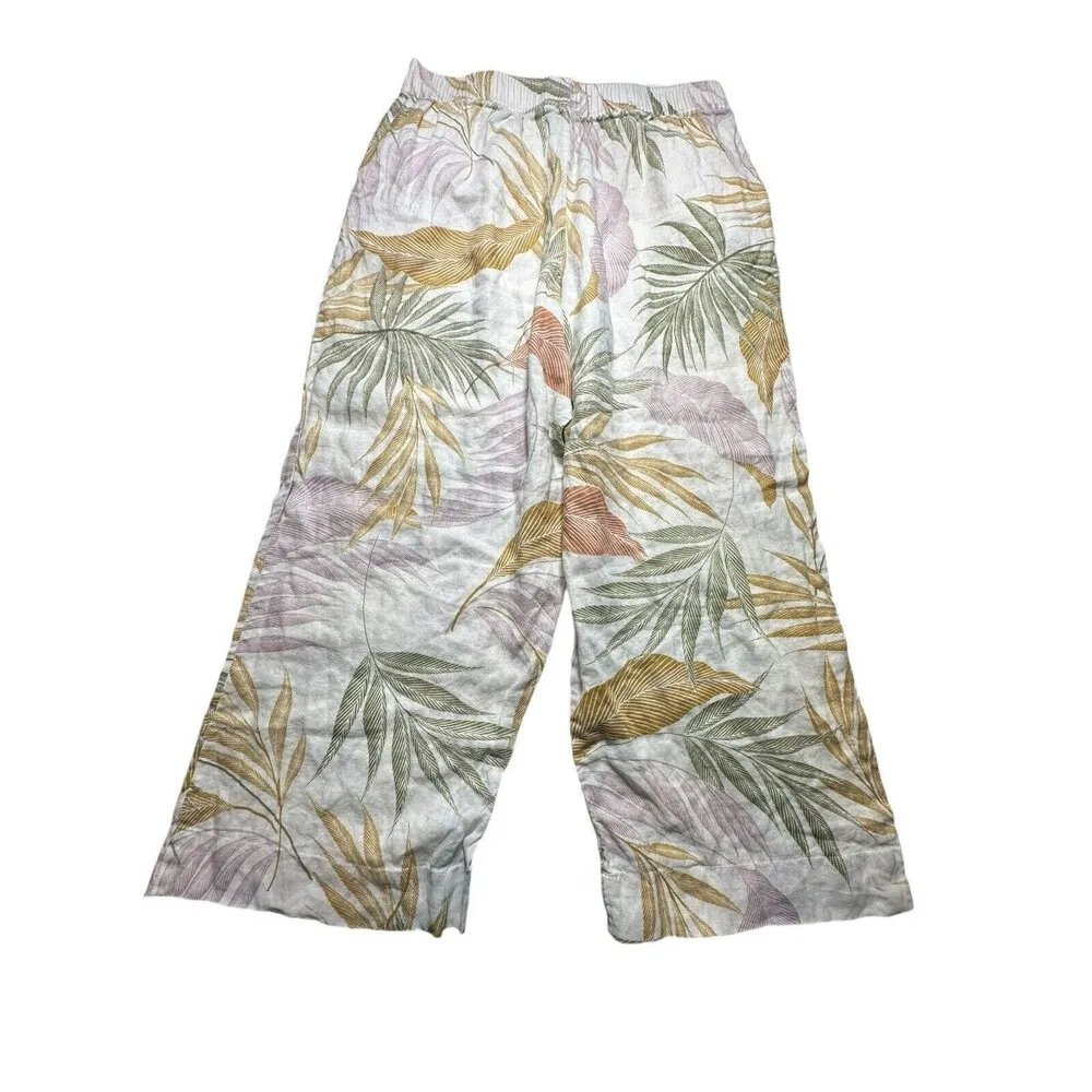Tahari Pants Women LARGE 100% LINEN WIDE LEG PALM Print POCKETS HIGH WAIST P20-5 - Image 9