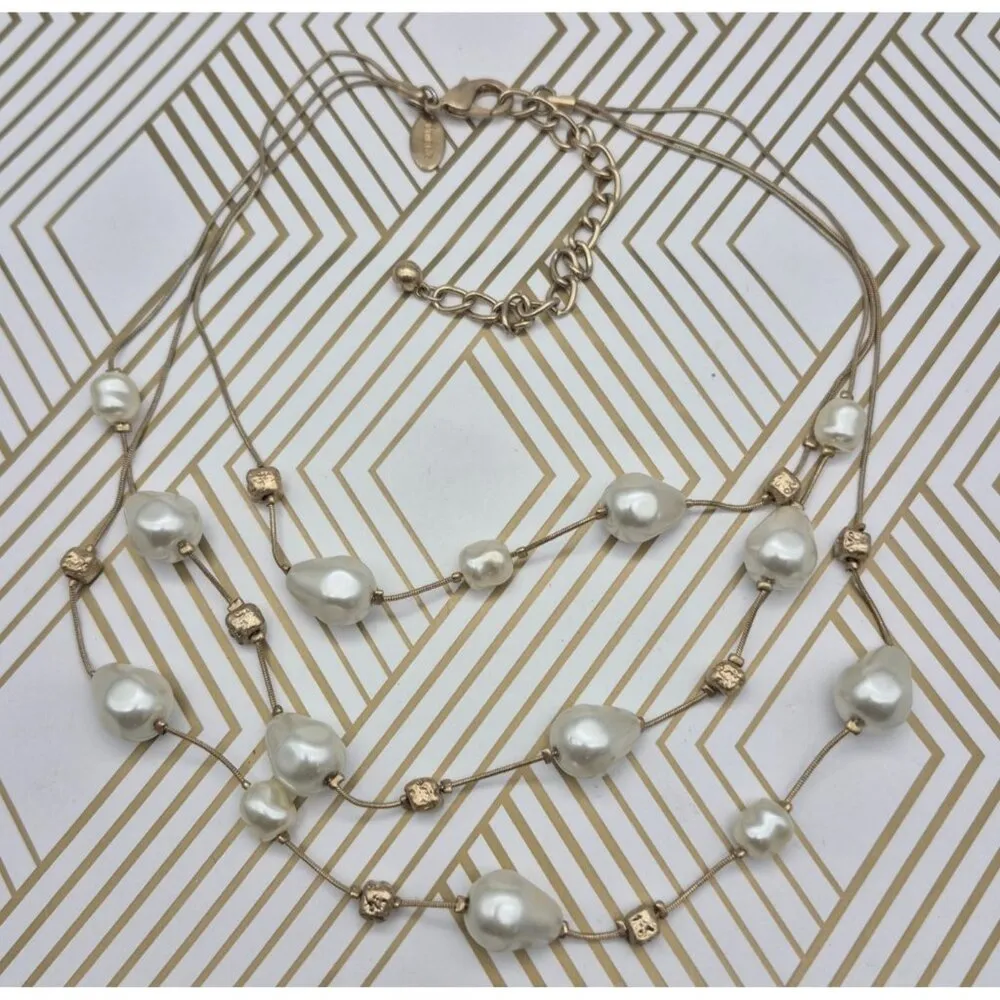 Chico's Multi Strand Gold Tone Snake Chain & Faux Pearl Collar Necklace Classic - Image 7