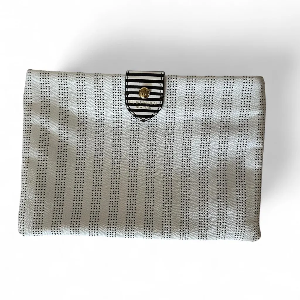 Henri Bendel Brown & White Stripe Perforated Clutch Bag Purple Satin Interior - Image 3