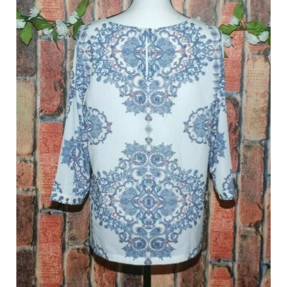 Kenar Ladies White & Blue Printed Blouse Top Size M Lightweight Career Church - Image 5