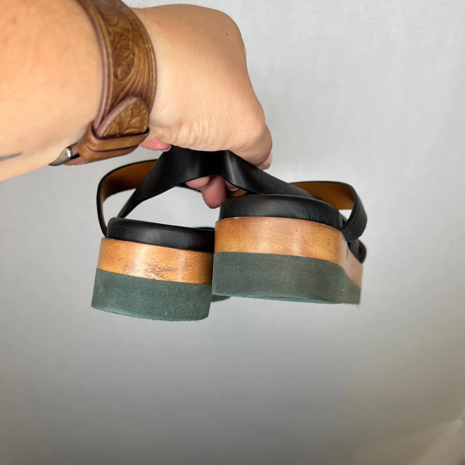 Coclico Dana Wedge Black Womens Platform Sandals Wood Green Sole Strappy‎ Slides Size 6 - Image 5