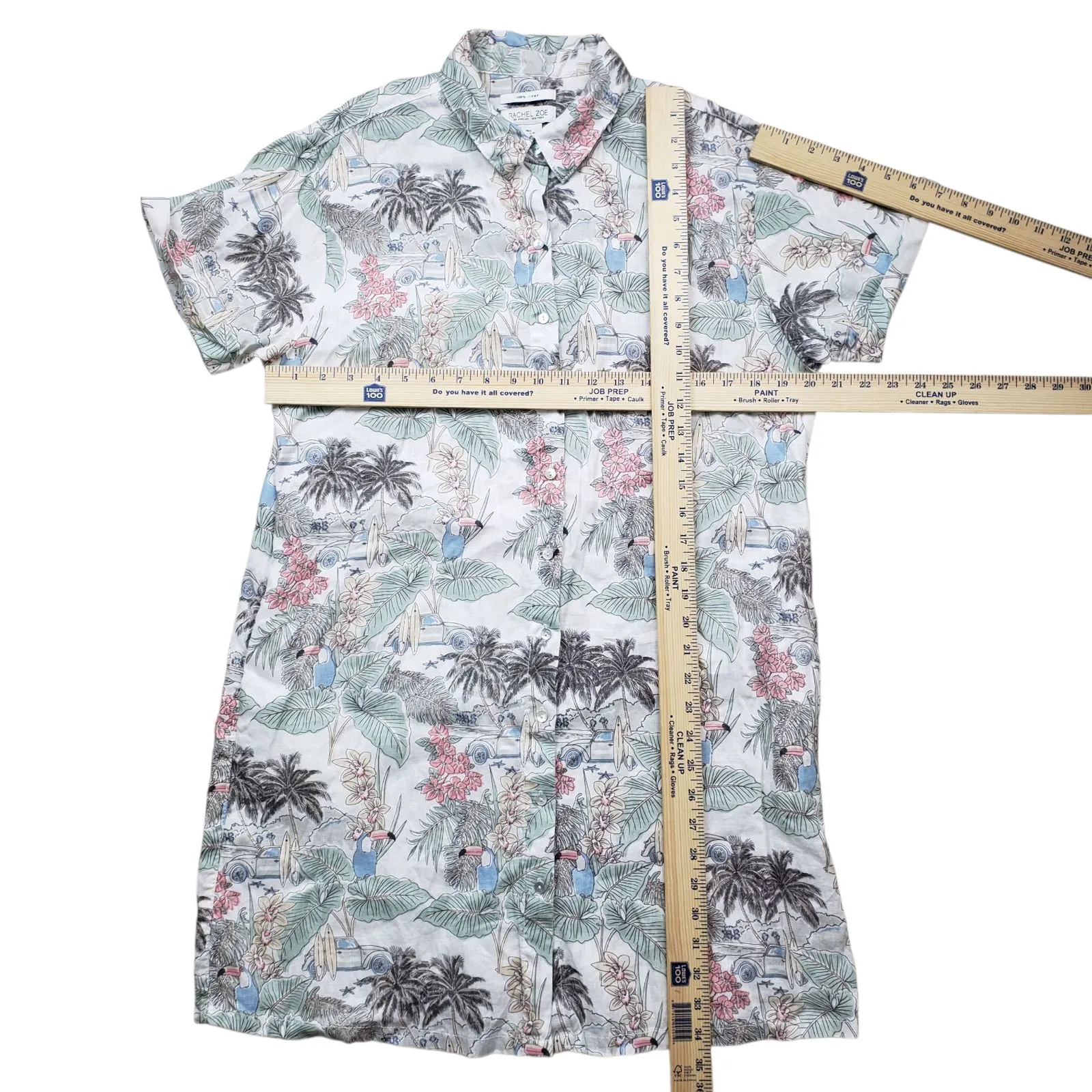 Rachel Zoe 100% Linen Mini Dress Womens Large Floral Button Front Tropical - Image 4