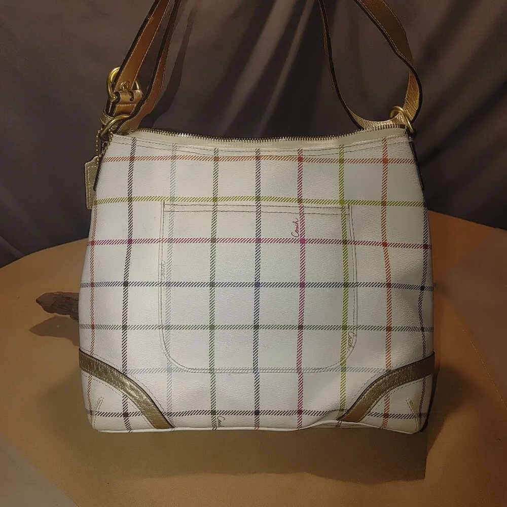Coach Signature Crossbody Bag White Multicolor Plaid With Gold Accents & Pink In - Image 15