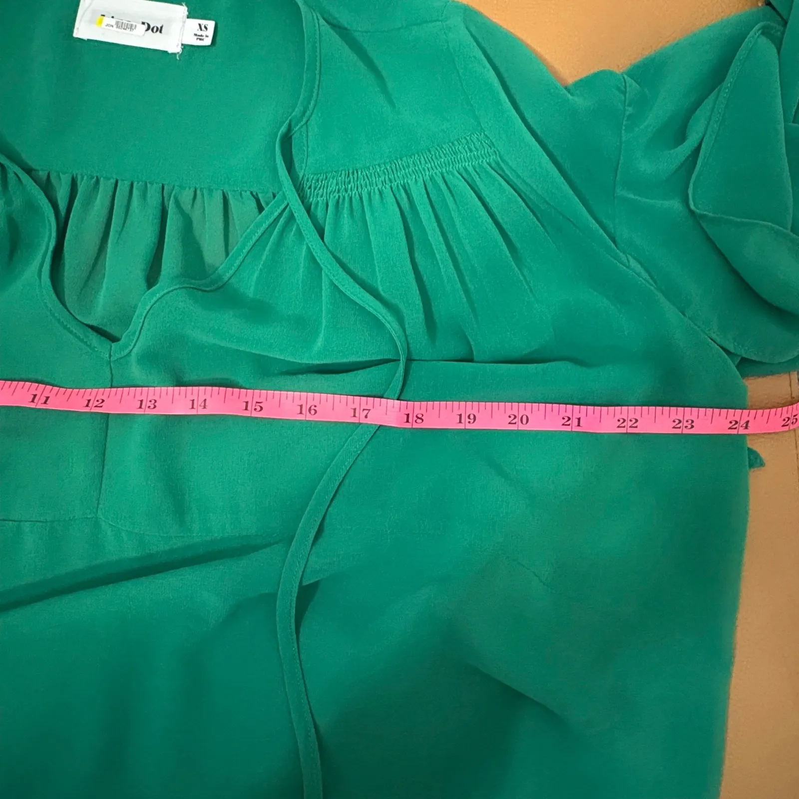 Line & Dot Green Blouse V-Neck Ruffle Sleeve Tassel Tie Sheer‎ XS - Image 3