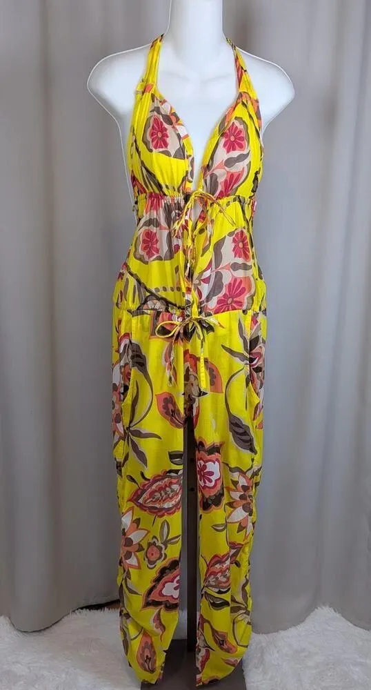 Myskova Floral Print Lightweight Jumpsuit Swim Coverup Yellow Size 1 - Image 14