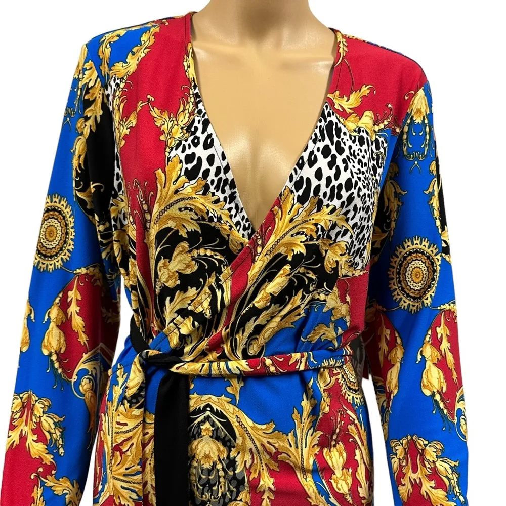 Bold Elements Curve Multicolored Long Sleeve Midi Wrap Dress Imported Large - Image 2