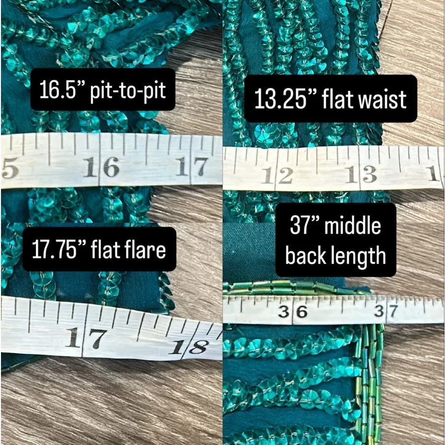 VTG 80s Laurence Kazar Teal Blue Silk Beaded Sequin Dress Art Deco Retro Glam XS - Image 15