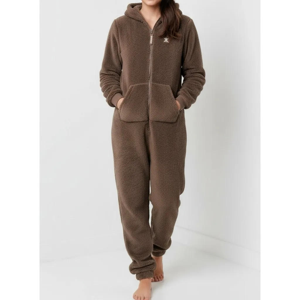 ONEPIECE Puppy Sherpa Jumpsuit, Taupe, Medium Brown - Image 4