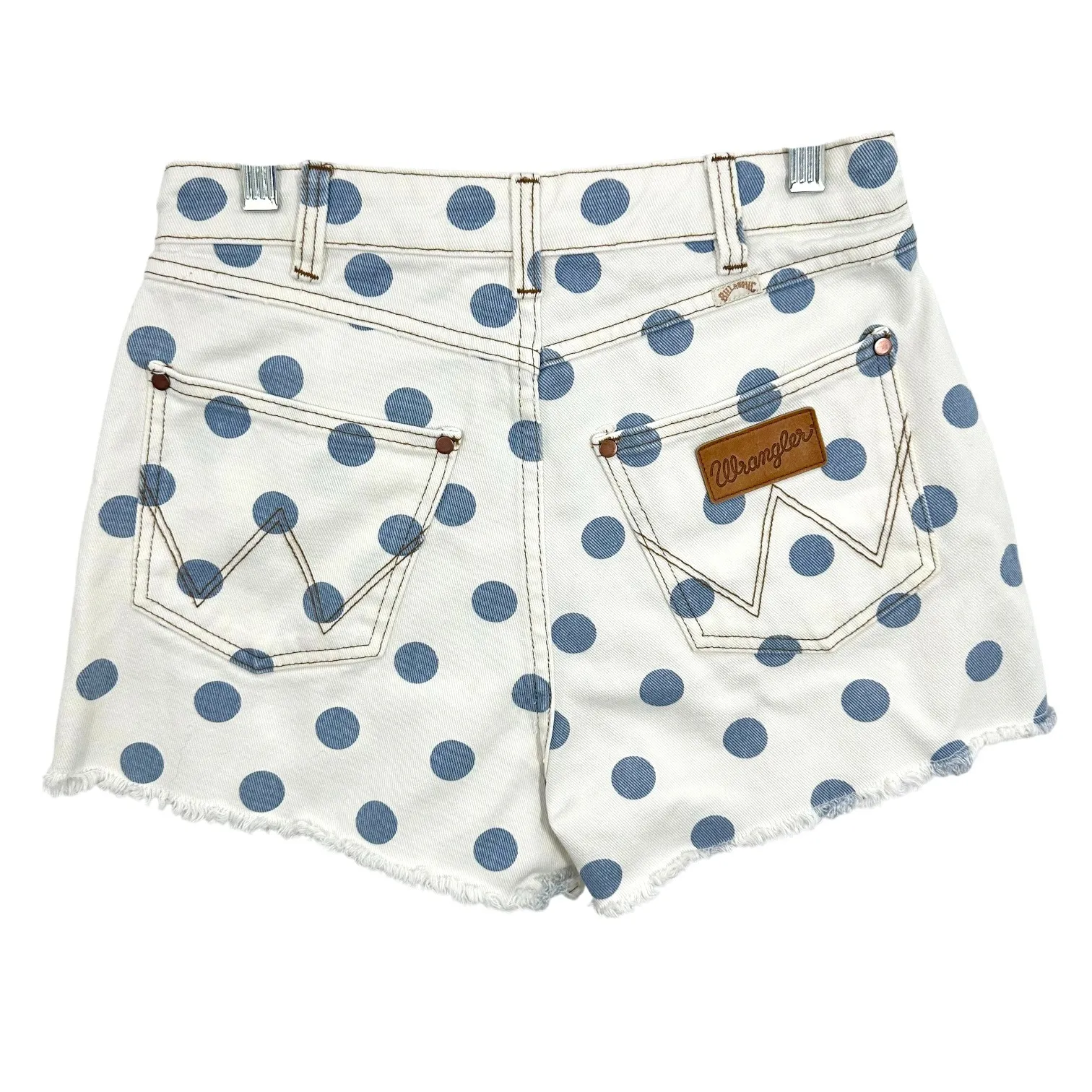 Billabong Wrangler White & Blue Polka Dot Denim Shorts Frayed Hem‎ High Rise Tan Size 26 - Image 2