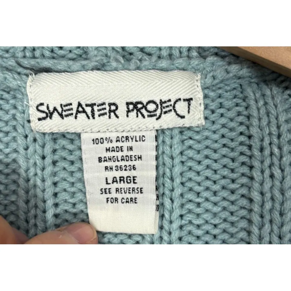 Women's Cable Knit Sweater Seafoam Blue Hooded Tassels Pocket Y2K Cottage Sz L - Image 10