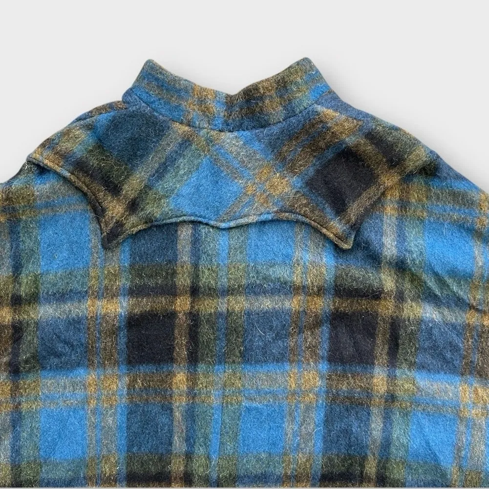 Vintage 70s Trego’s Westwear Plaid Wool Fringe Poncho Cape Blue | Size M Western Size M - Image 4
