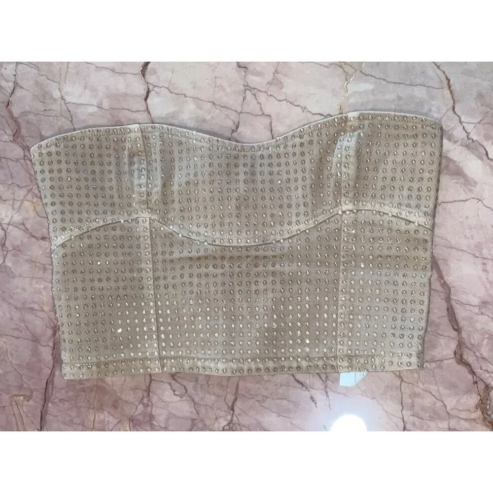 Blumarine Bustier Top With Rhinestones in Tan 38 New Womens Strapless Crystal Brown Size undefined - Image 6