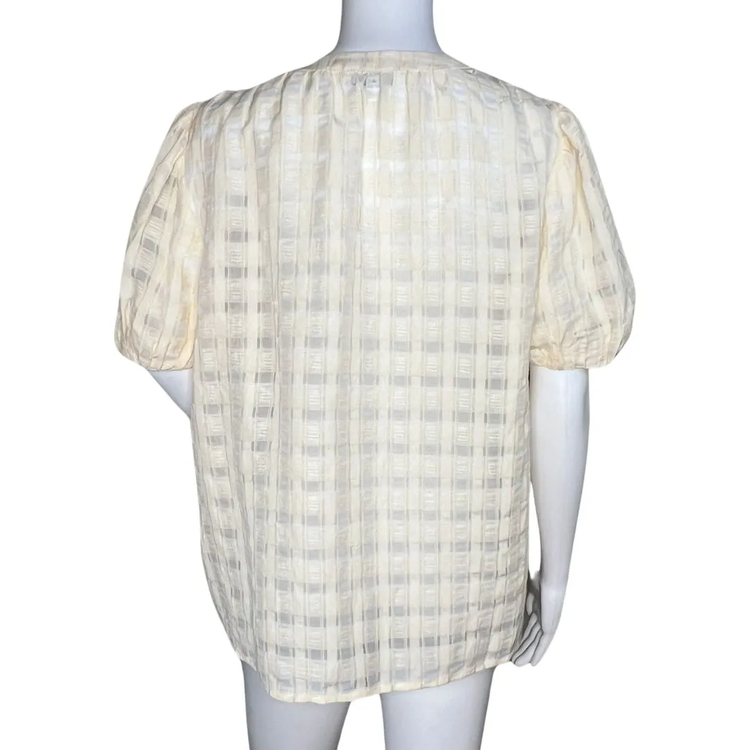 Current Air Womens Small Cream Checker Jacquard Puff Sleeve Top Sheer Bohemian - Image 4