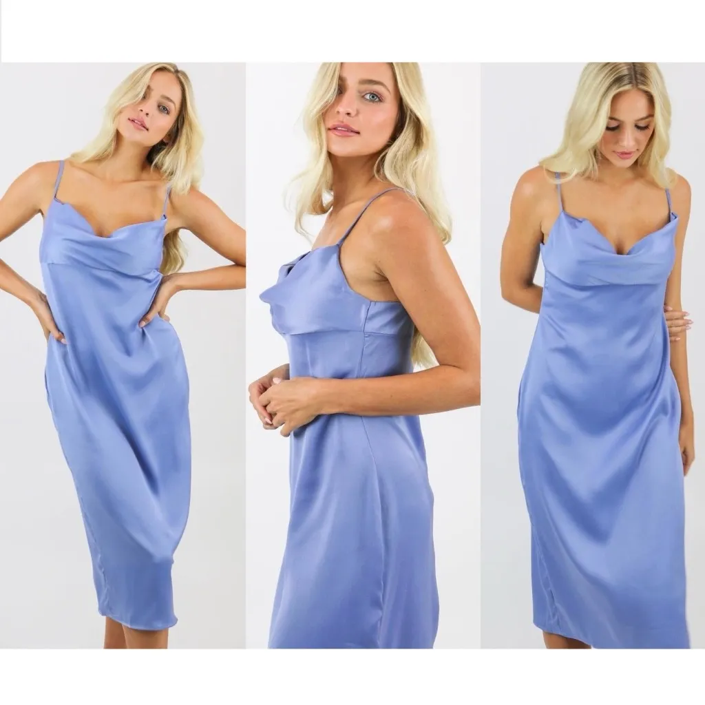 New We Wore What Cowl Neck Satin Slip Midi Dress Slate Blue Size 2 - Image 4