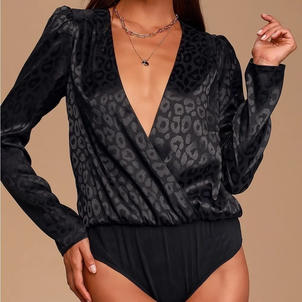 LULU’S Wild Times Black Leopard Satin Long Sleeve Bodysuit - Image 3