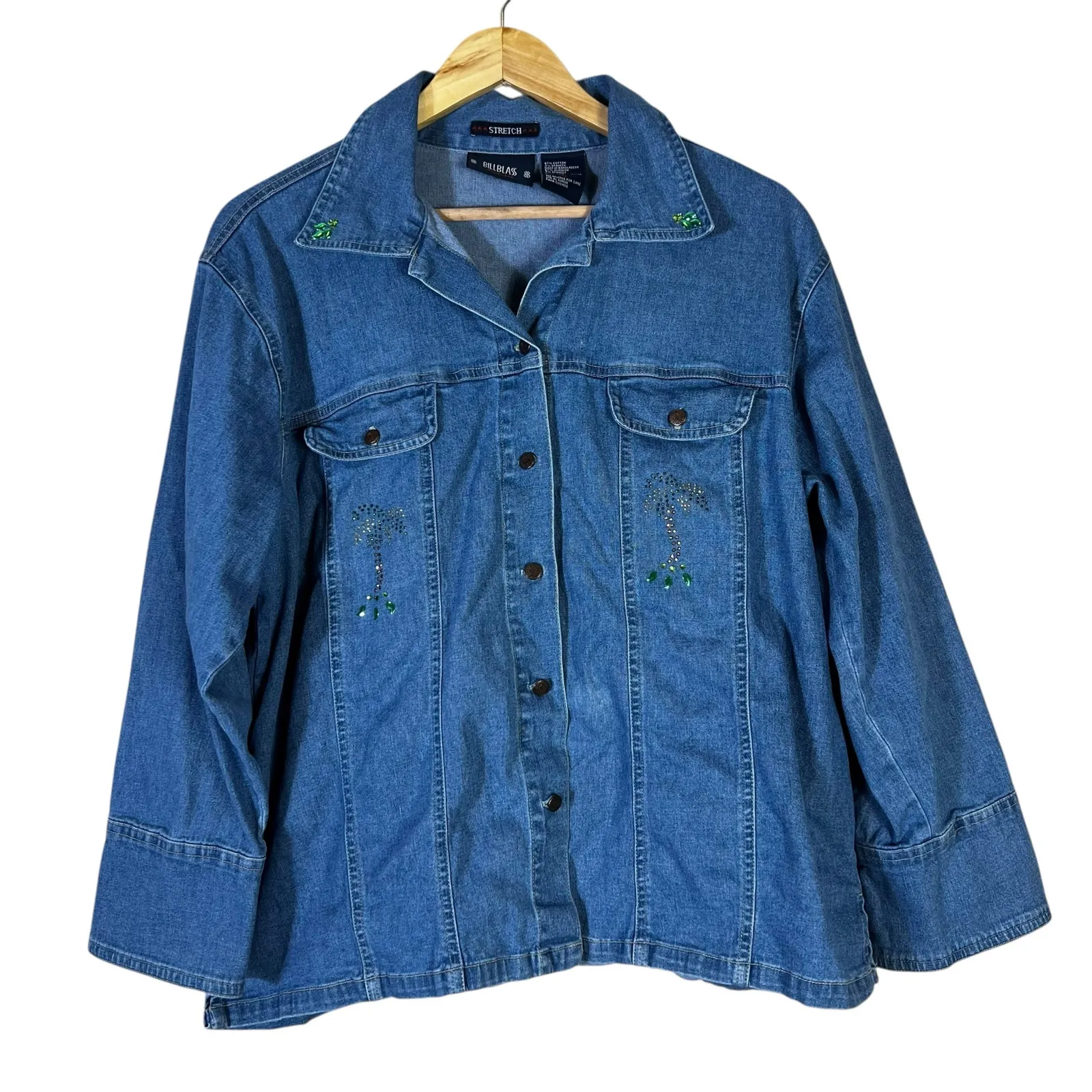 Bill Blass Denim Shirt Womens XL Palm Tree Embellished Stretch Boho Western Y2K - Image 1