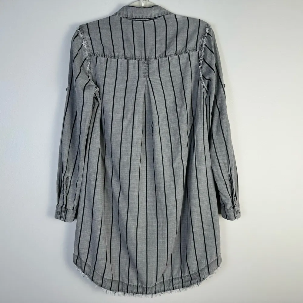 Bella Dahl Shirt Dress A-line Raw Hem Long Sleeve Roll Tab XS Grey Stripe Casual - Image 6