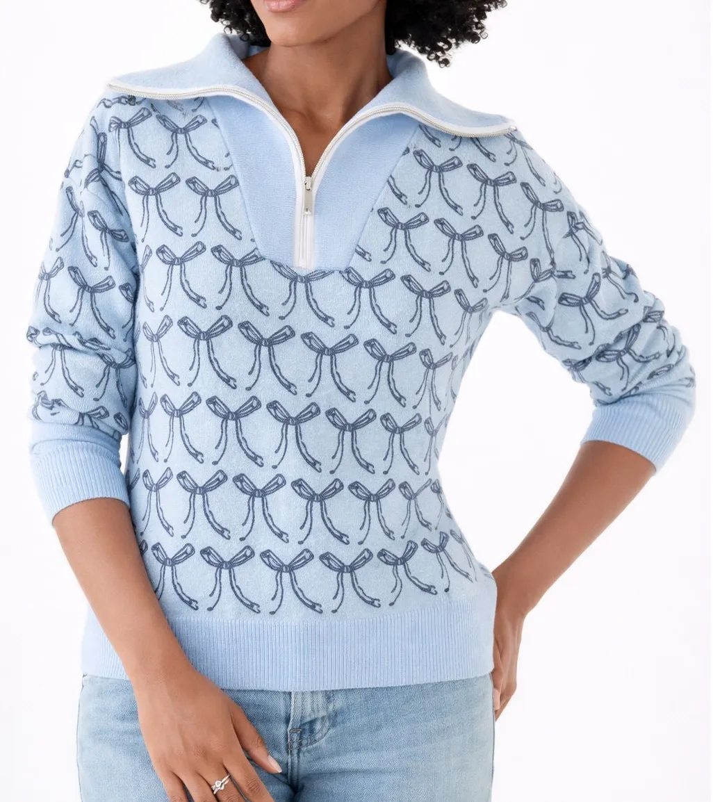Design History Sweater Womens Medium Light Blue Bow Print 1/2 Zip Knit Top - Image 1