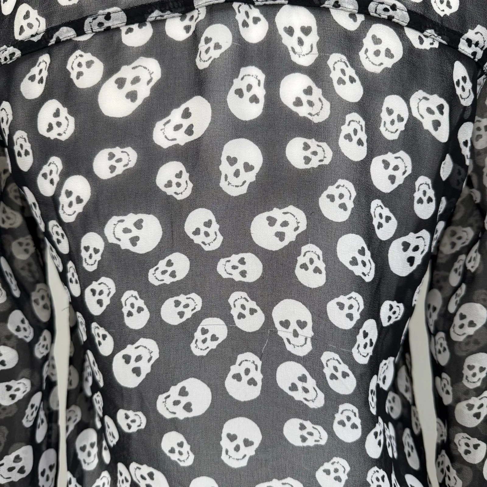 Aeropostale Sheer Skull Long Sleeve Button Up Shirt Woman’s XS Black Heart Eyes - Image 7