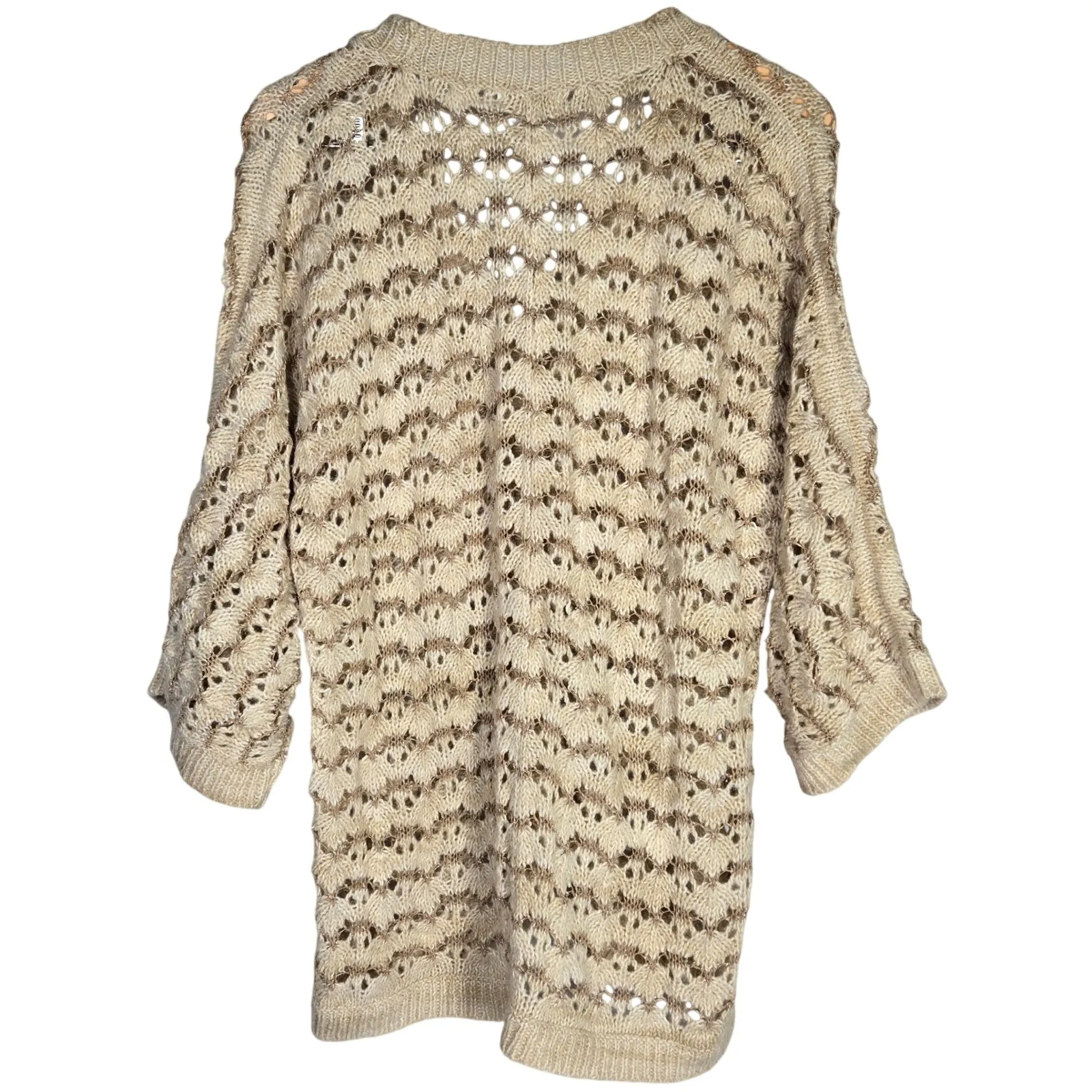 Charter‎ Club Wool Blend Beige Brown Crochet Knit Cardigan Sweater L 3/4 Sleeve - Image 2