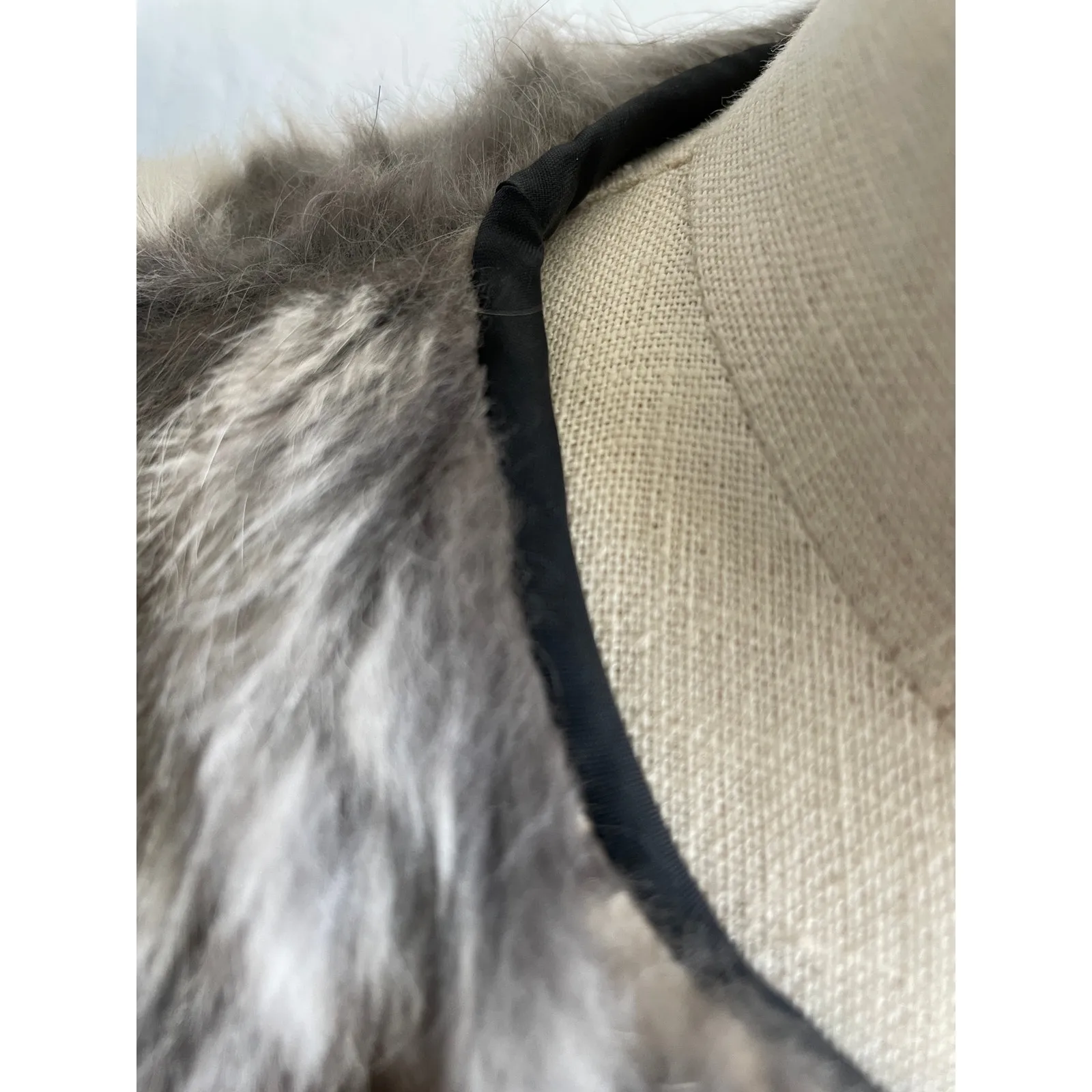 Vintage Genuine Fur Short Jacket Gray Taupe Leather Trim Zip Front Luxury Coat Tan Size M - Image 9